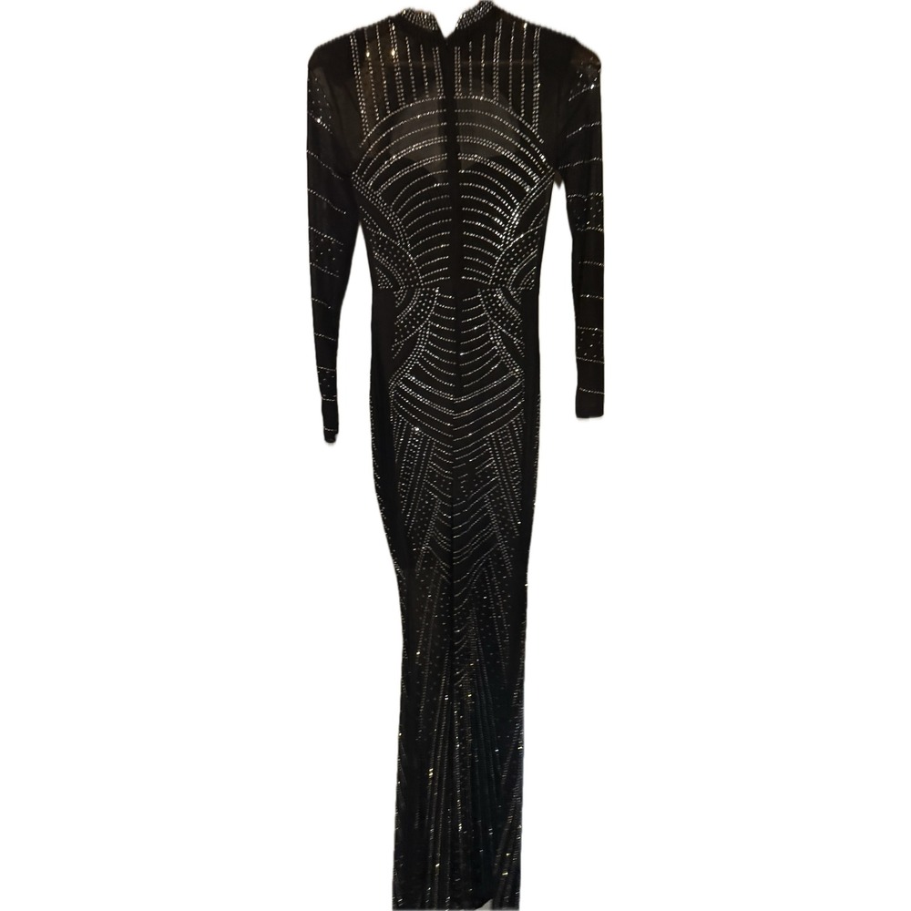Black Mesh Rhinestone Maxi Dress Long‎ Sleeve Mock Neck Formal Evening Gown